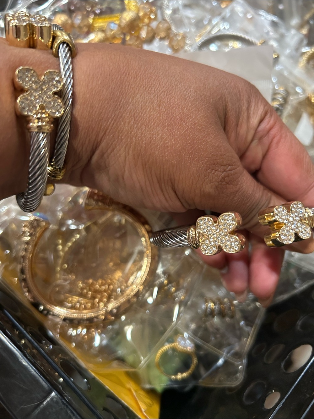 Gold & Silver Pavé Clover Cable Cuff Bracelet - Women Jewelry